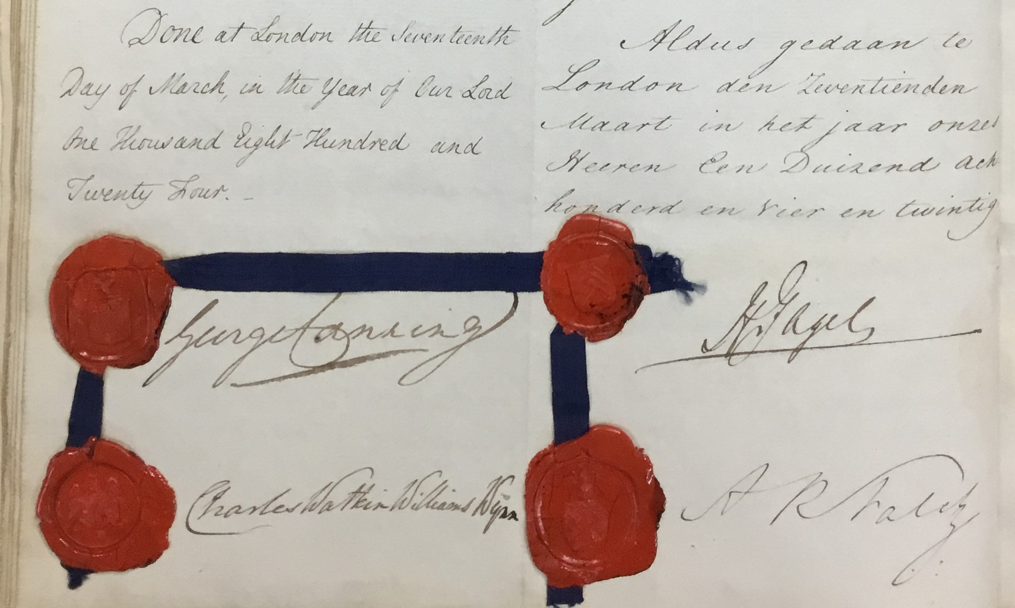 Seals and signatures on the final page of the Treaty of London, signed 17 March 1824. Source: The National Archives, Kew, FO 93/46/17.